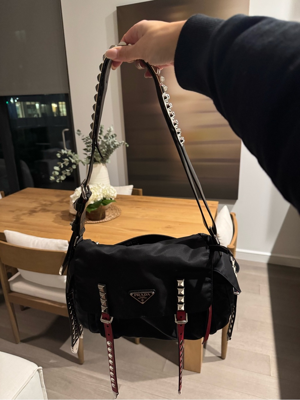 Prada Studded Tessuto Messenger Bag – Black